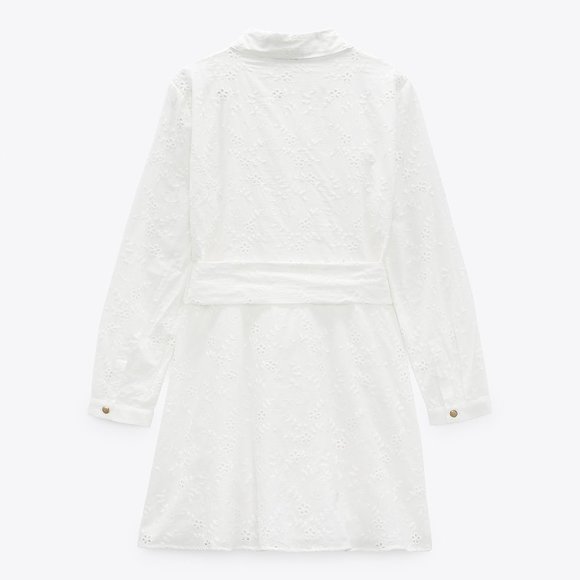 Zara Long Sleeve Openwork Embroidered Tie Waist White Mini Dress Small - Picture 3 of 13